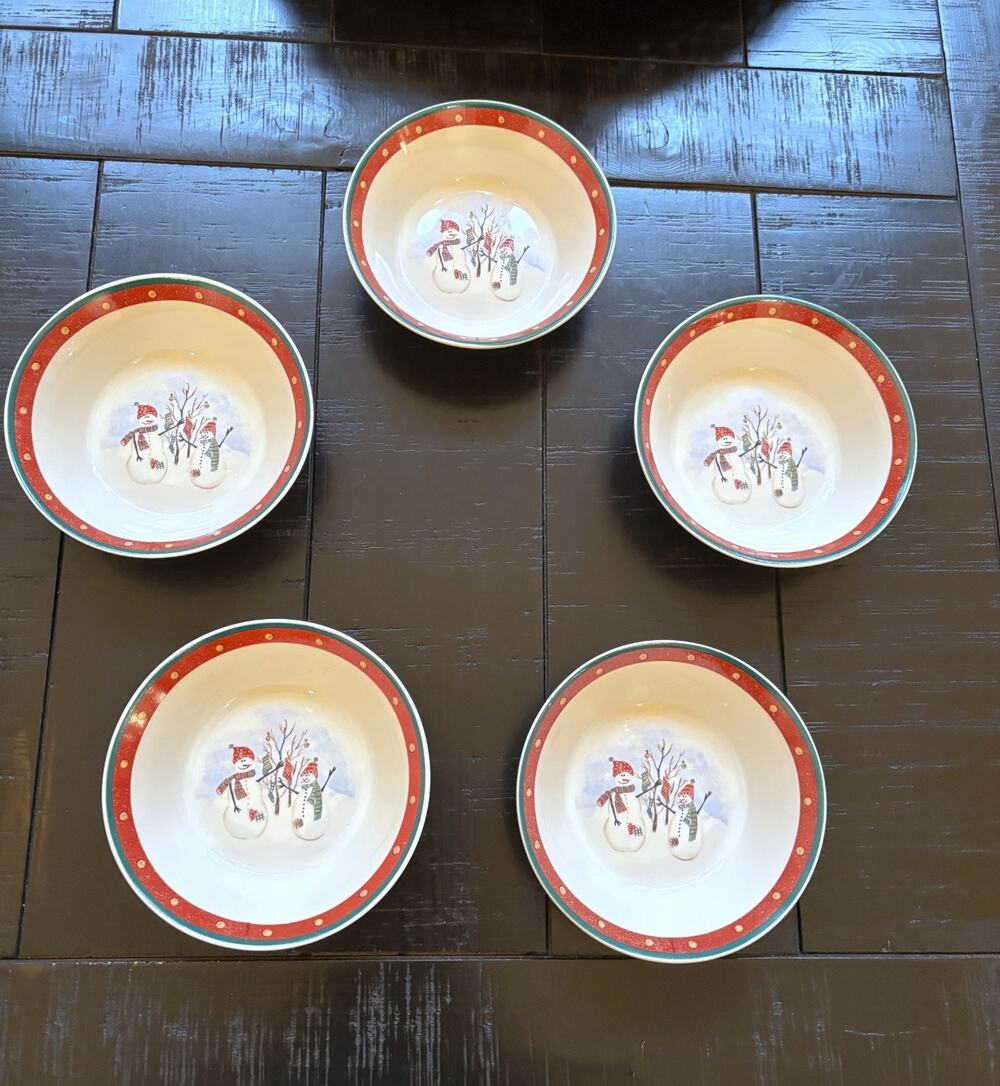 Royal Seasons Snowman Stoneware 5pc Soup Cereal Salad Bowls Holiday 6.75 In